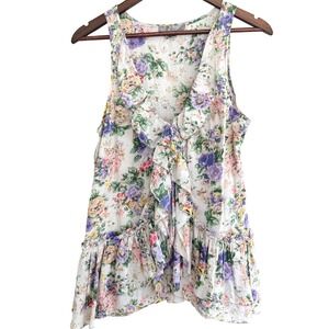 Rare Vintage Forever 21 100% Cotton Beige Floral Ruffled Tank Top Size Medium
